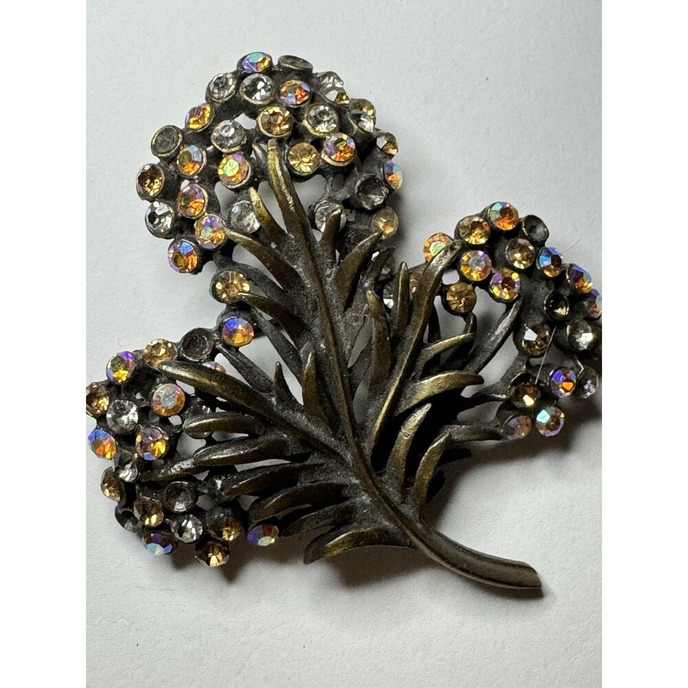 Vintage KARU ARKE Inc Rhinestone Floral Tree Brooch AB Crystal Signed